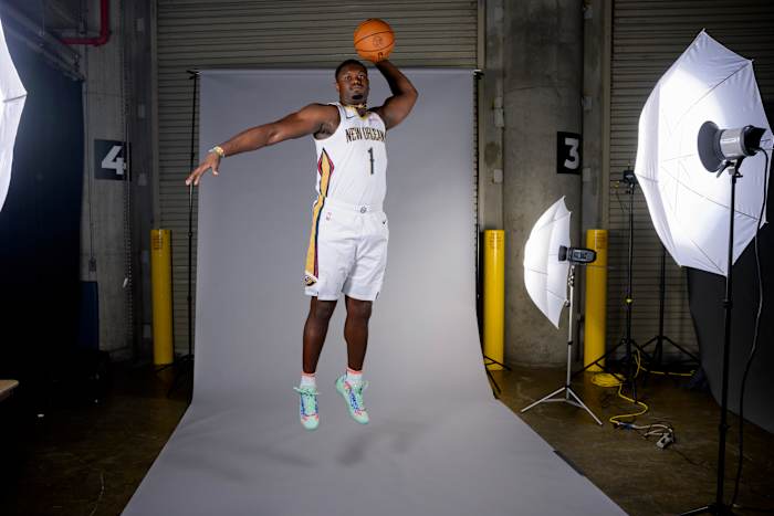 New Orleans Pelicans forward Zion Williamson poses for a picture during Media Day.